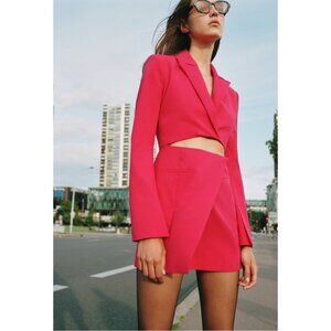 ZARA Cut Out Double Breasted V Neck Shoulder Pad Blazer Mini Dress Raspberry